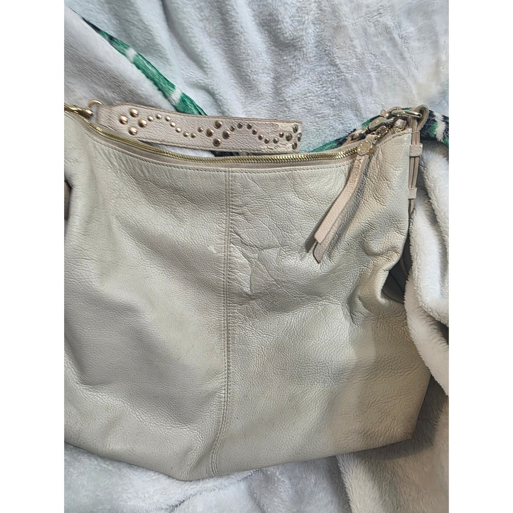 Emma Fox Cream Pebbled Leather Hobo Bag Gold Studded Strap Slouchy Handbag